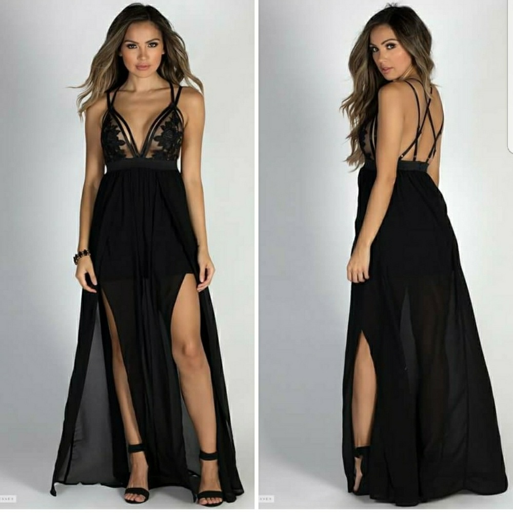 Black Crochet Mesh Chiffon High Slit Formal Dress